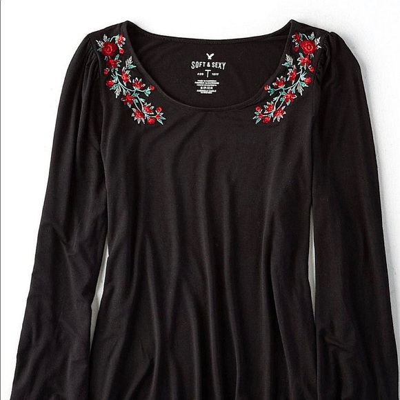 Black AE long sleeve top - rose embroidery - small - Picture 2 of 4